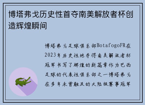 博塔弗戈历史性首夺南美解放者杯创造辉煌瞬间