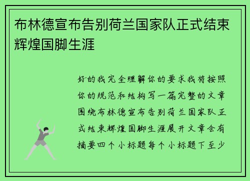 布林德宣布告别荷兰国家队正式结束辉煌国脚生涯 布林德宣布告别荷兰国家队正式结束辉煌国脚生涯